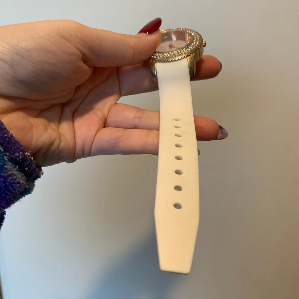 Rose gold & diamond accent watch with white band